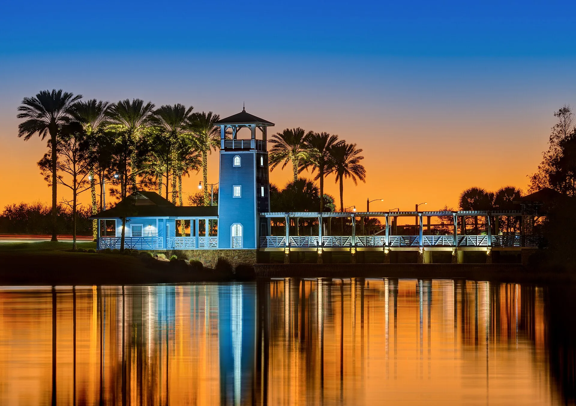 Lake Tradition boardwalk and lookout at twilight in Port St. Lucie, Florida